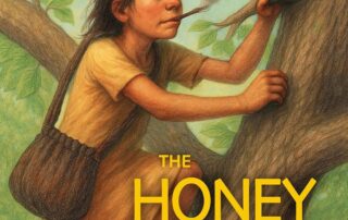 A young girl climbs a tree in a yellow dress holding a smoking stick in her mouth as it smokes the bee hive so she can gather the honey.